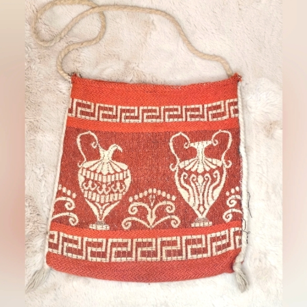 Vintage 70s Greek Key Amphoura Vase Boho Print Coastal Casual Hippie Rare Tote